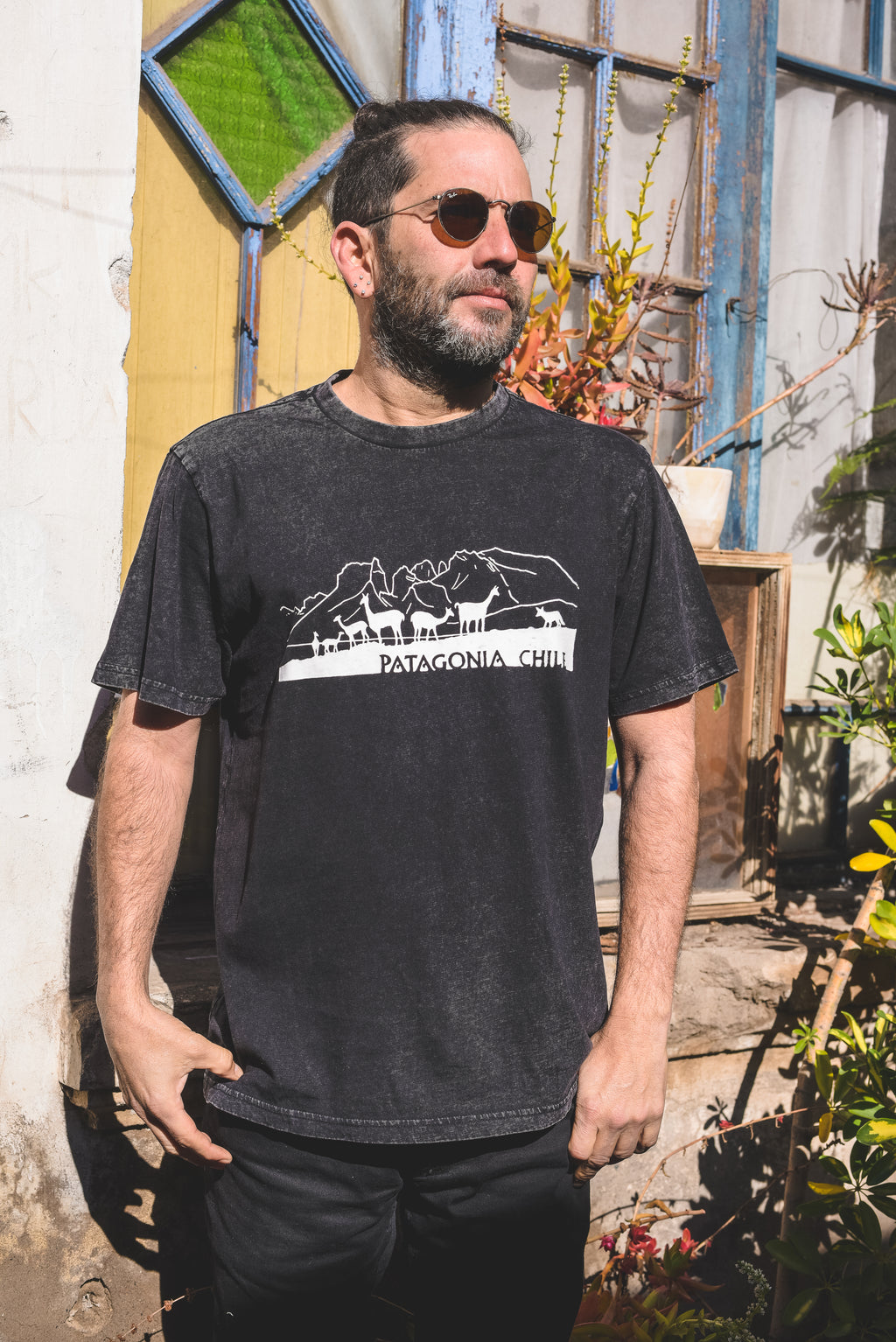 Polera Acidwash Patagonia – diseño de guanacos y montañas del sur de Chile