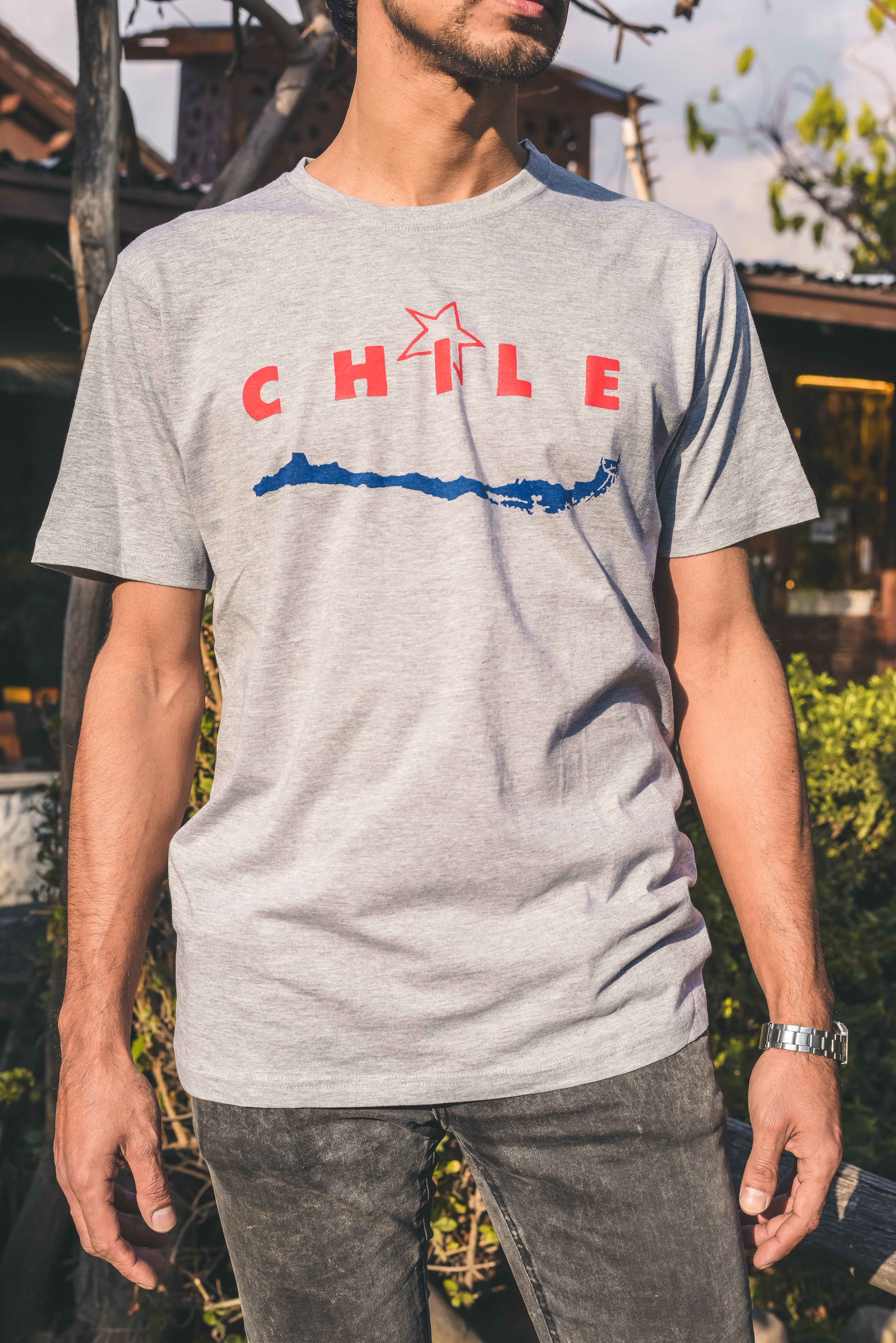 Polera gris Mapa Chile – diseño moderno con mapa y estrella nacional