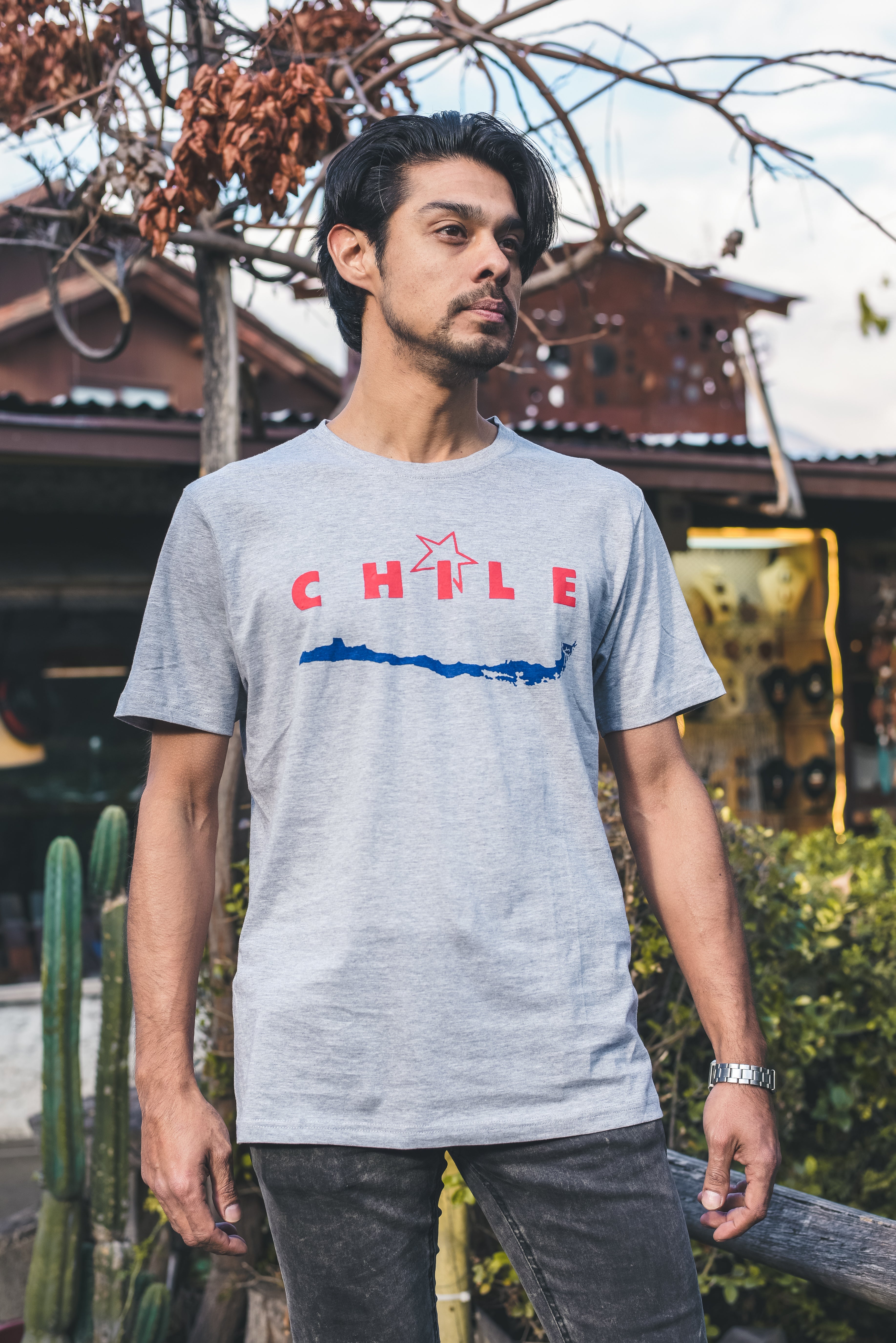 Polera gris Mapa Chile – diseño moderno con mapa y estrella nacional