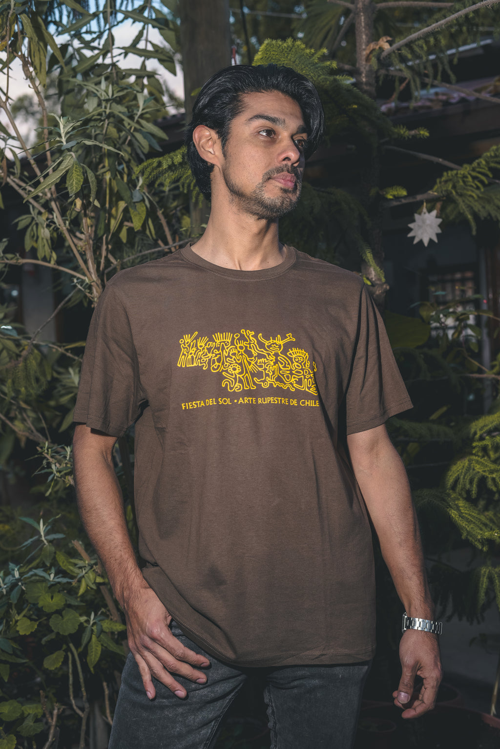 Polera café Fiesta del Sol – diseño de arte rupestre chileno