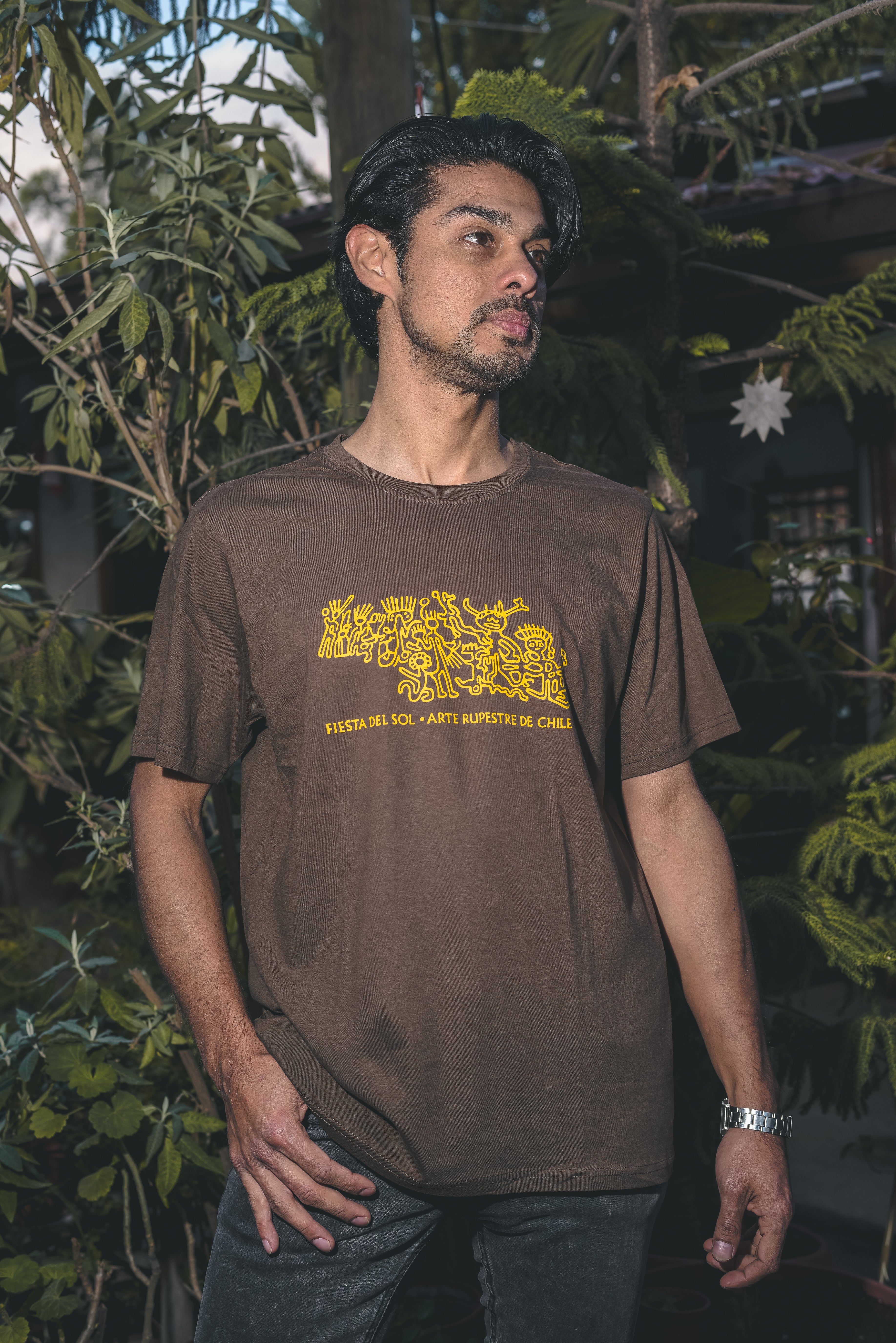 Polera café Fiesta del Sol – diseño de arte rupestre chileno