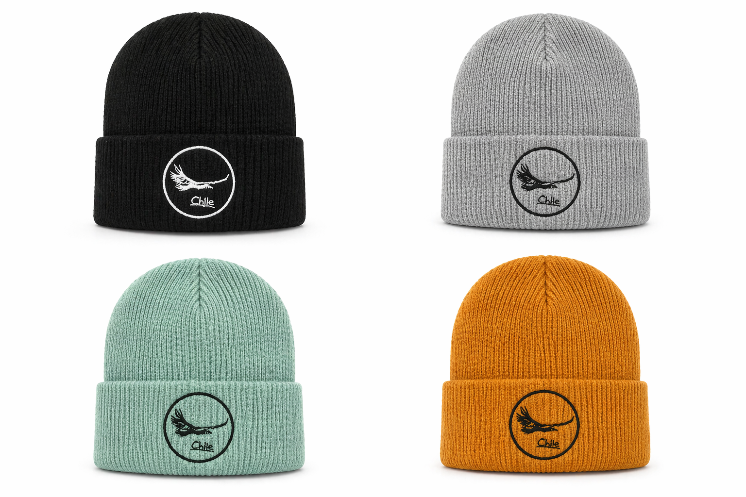 Gorro beanie cóndor Chile – diseño bordado inspirado en el cóndor (negro, gris, verde y mostaza)