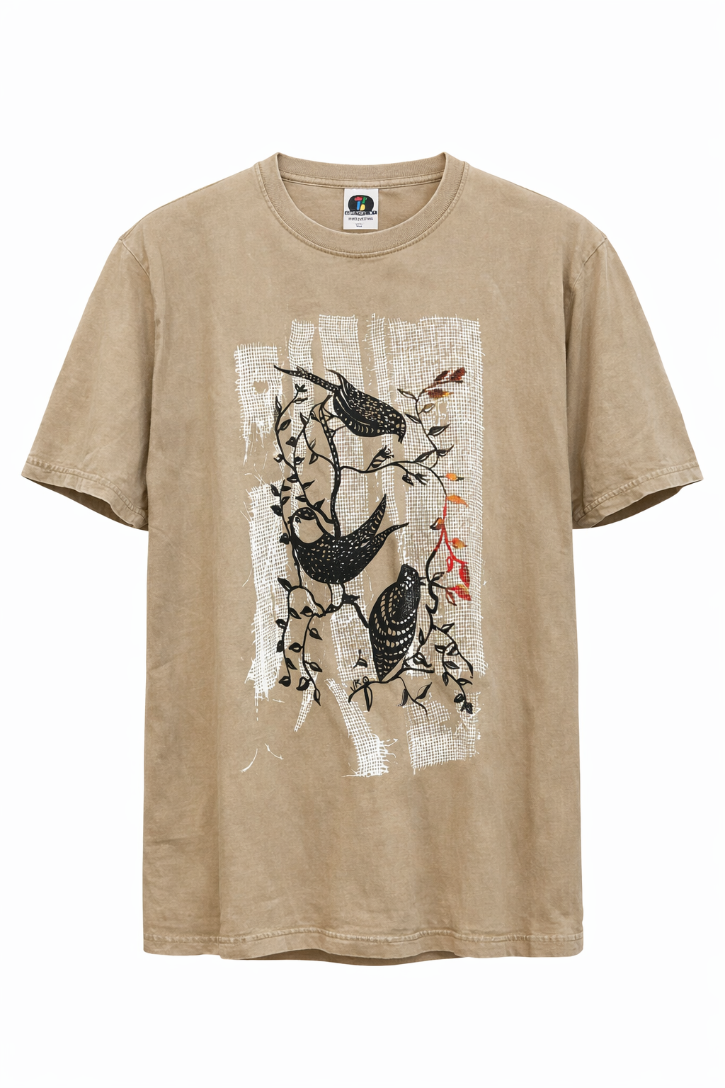 Polera beige Acid Wash aves del bosque – diseño inspirado en fauna chilena