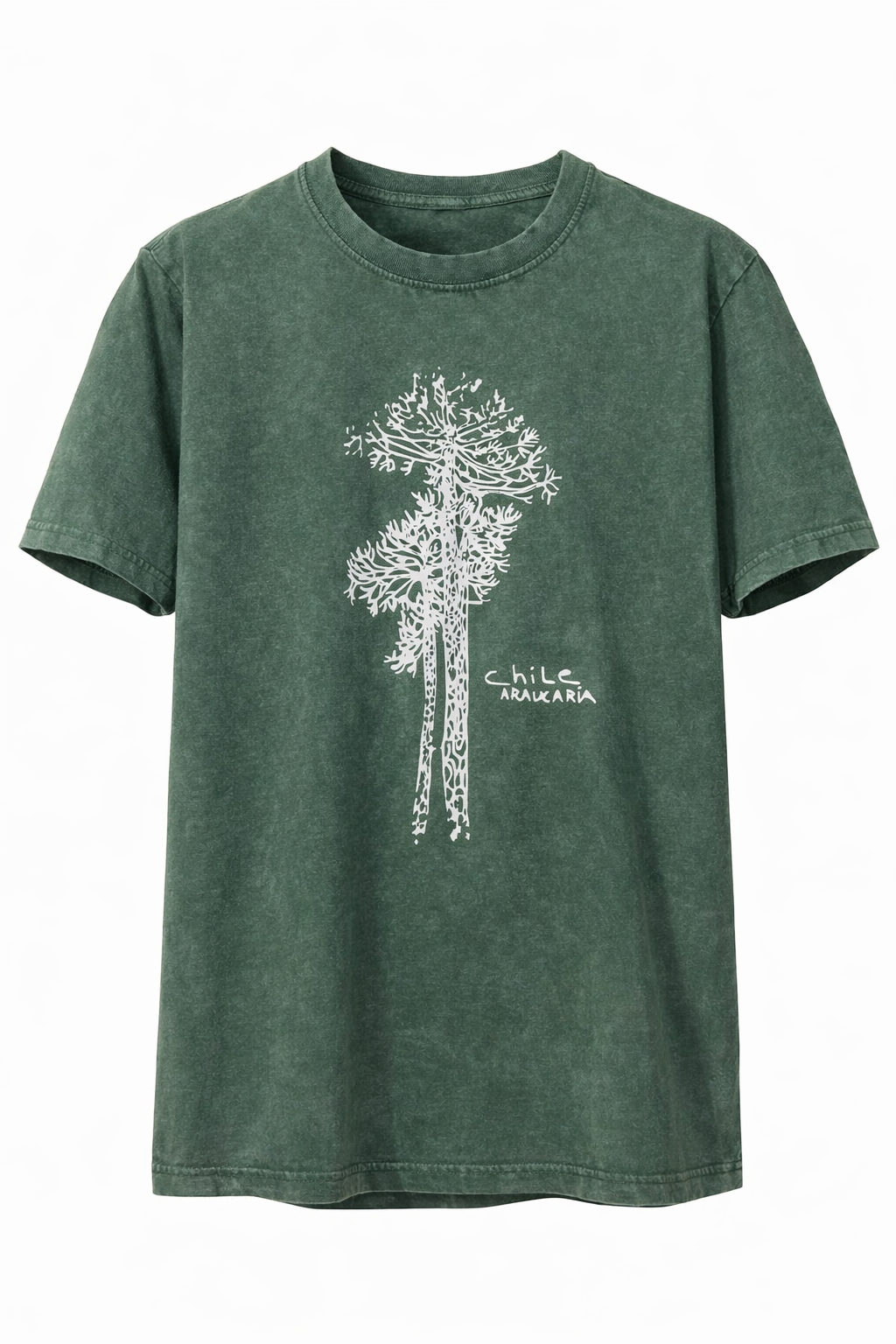 Polera verde Acid Wash araucaria – diseño inspirado en el árbol sagrado del sur de Chile