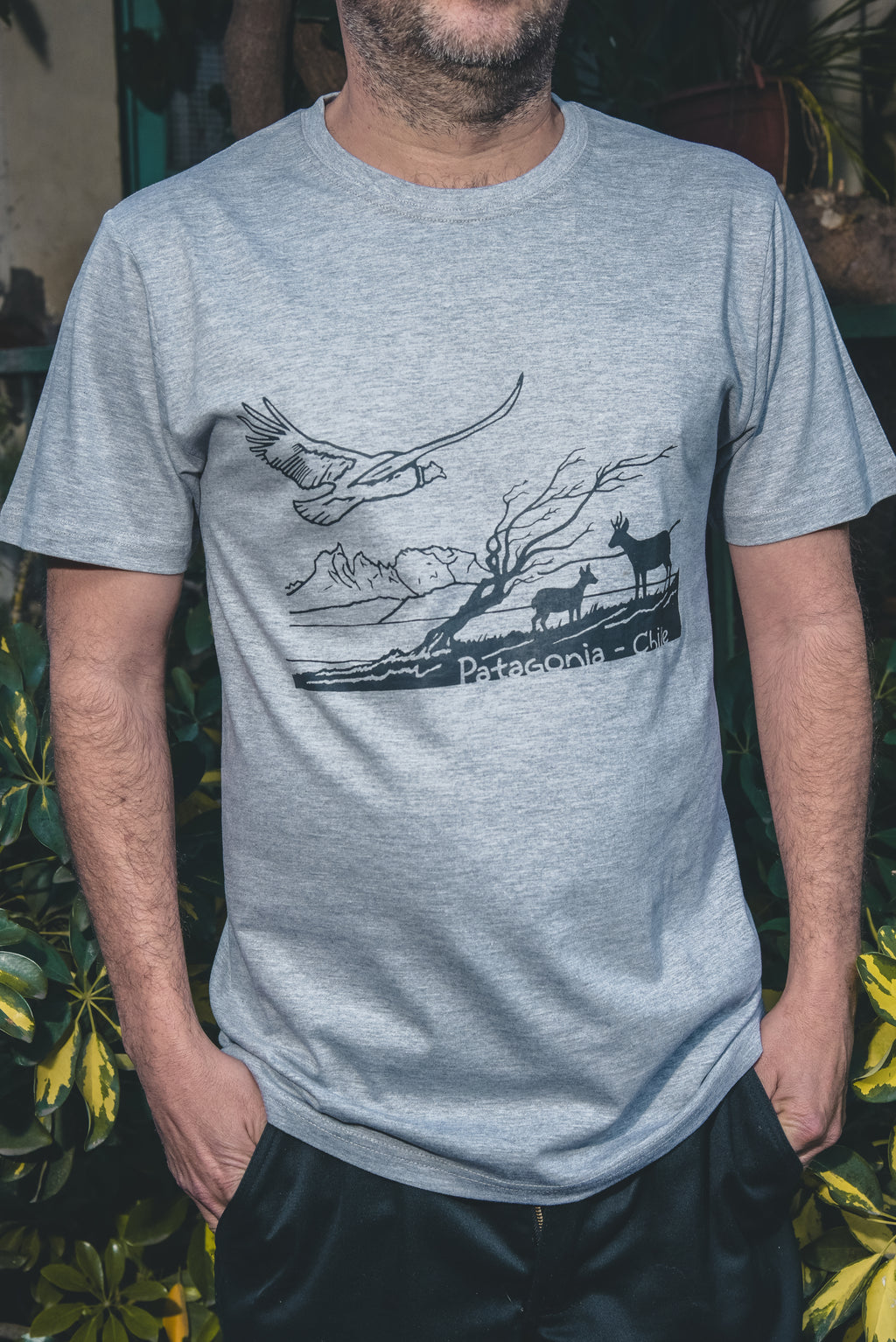Polera gris Patagonia – diseño con fauna y paisajes del extremo sur de Chile