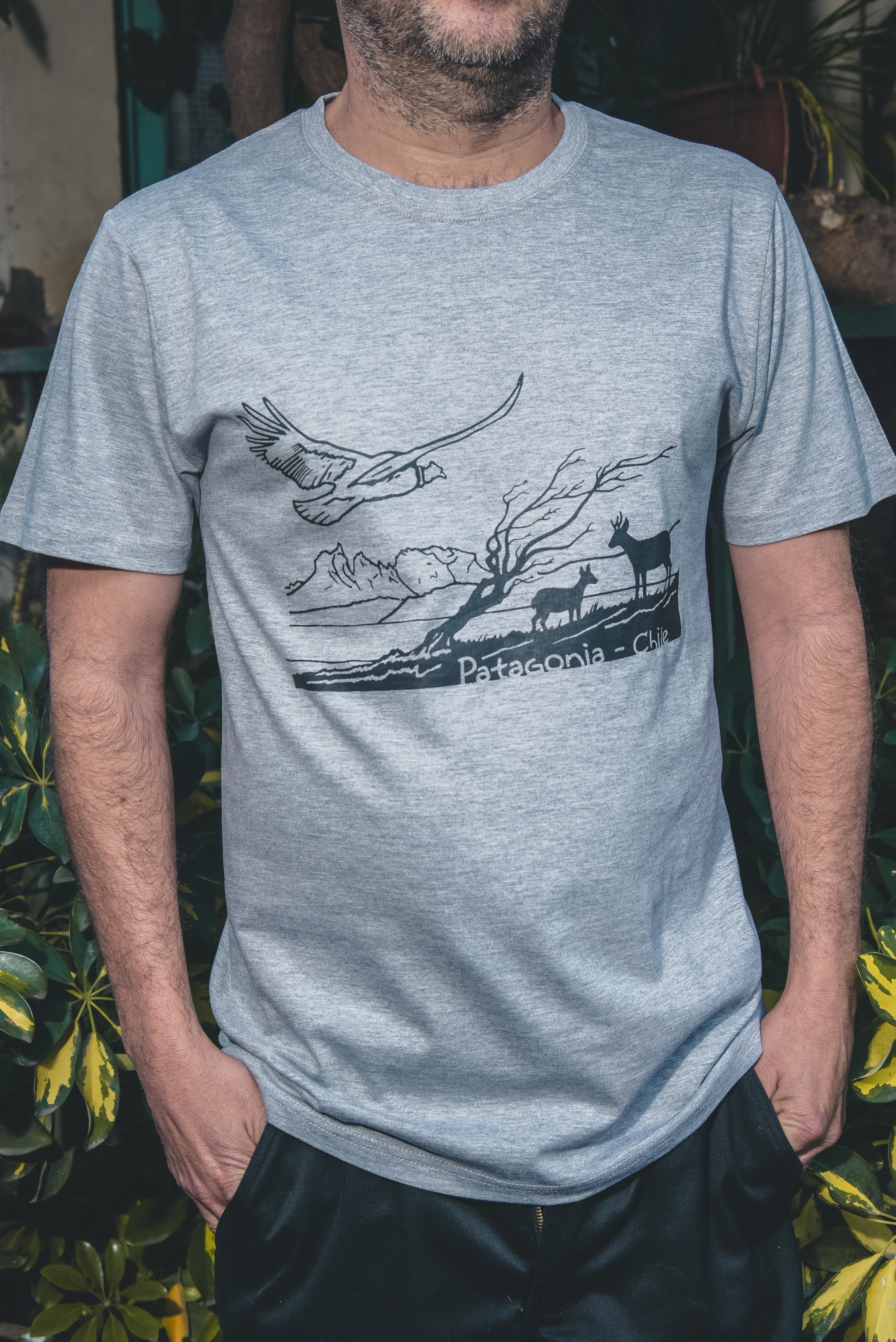 Polera gris Patagonia – diseño con fauna y paisajes del extremo sur de Chile