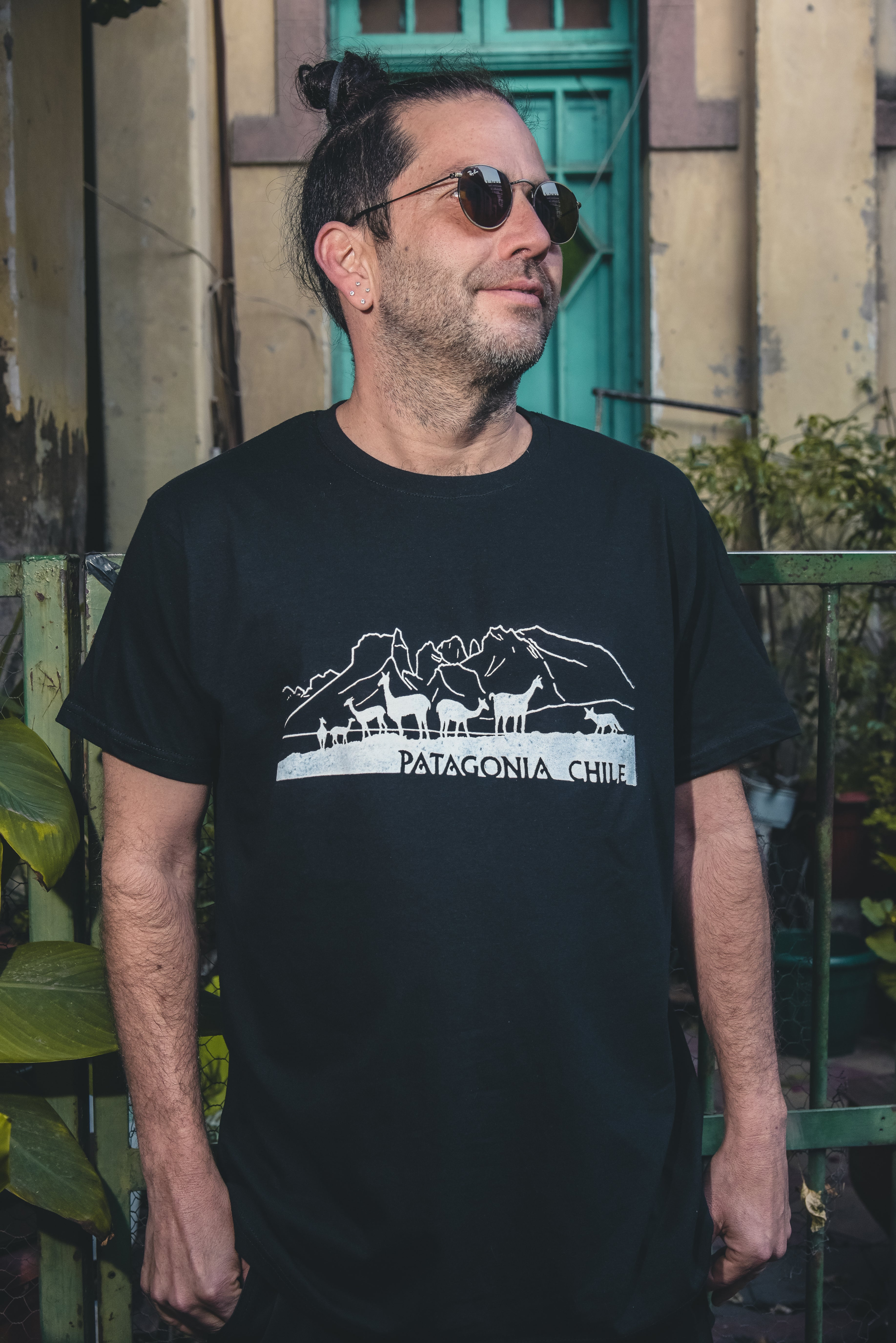 Polera negra Patagonia – diseño con guanacos y montañas del sur de Chile