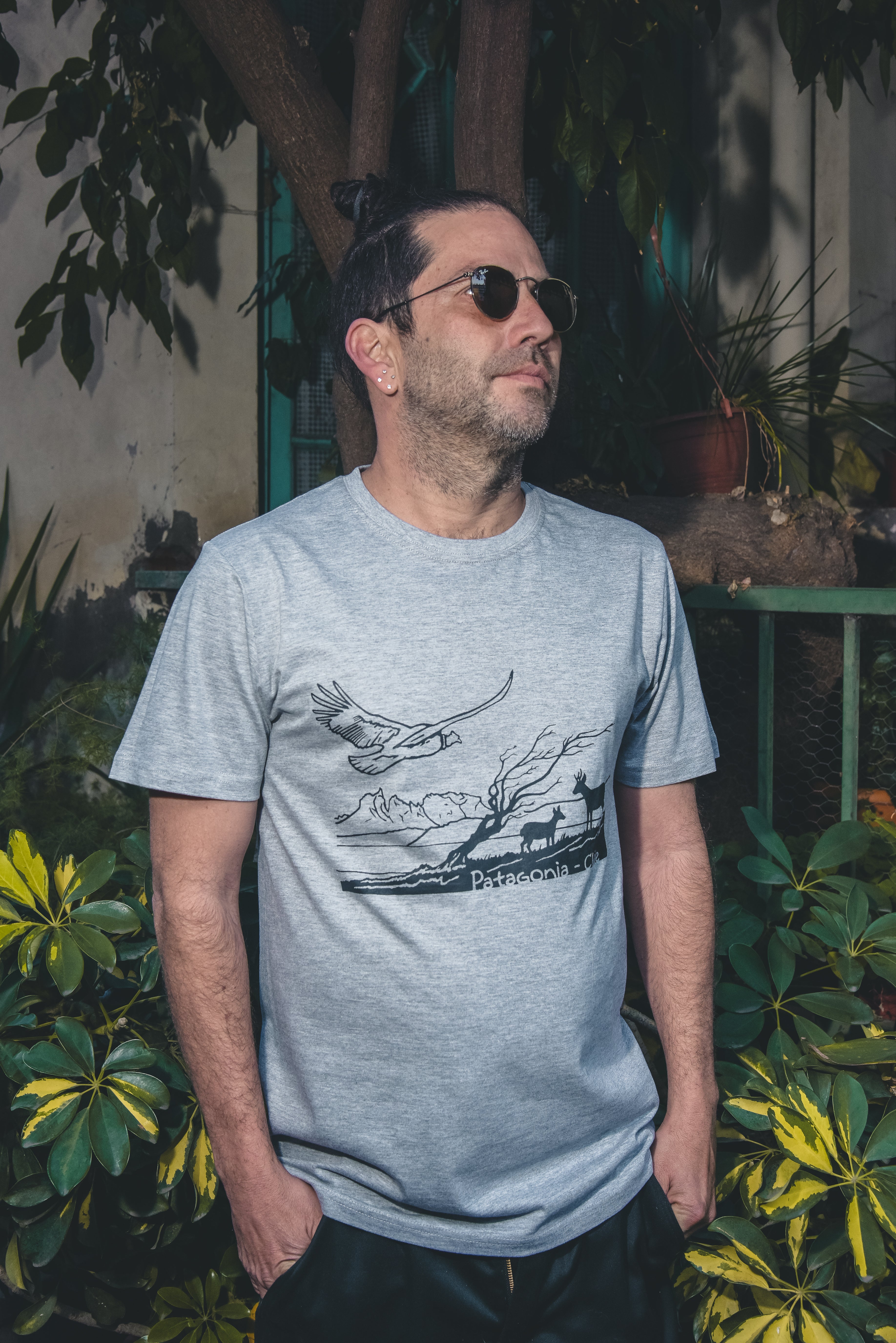 Polera gris Patagonia – diseño con fauna y paisajes del extremo sur de Chile